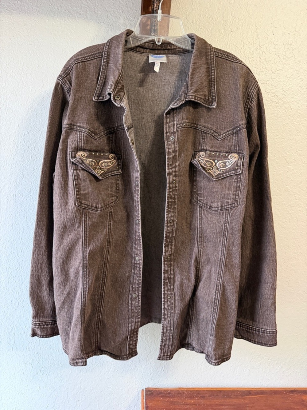 Vintage Brown Denim Jacket Embroidered Paisley floral design